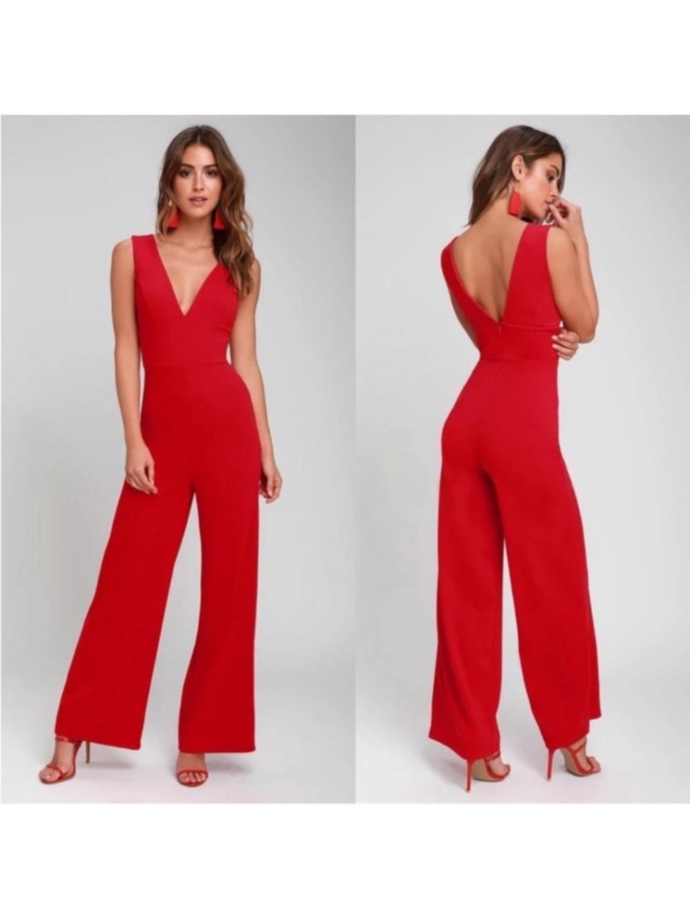 Lulus Red Wide Leg Jumpsuit Deep V Back Sleeveless Formal Party Romper S